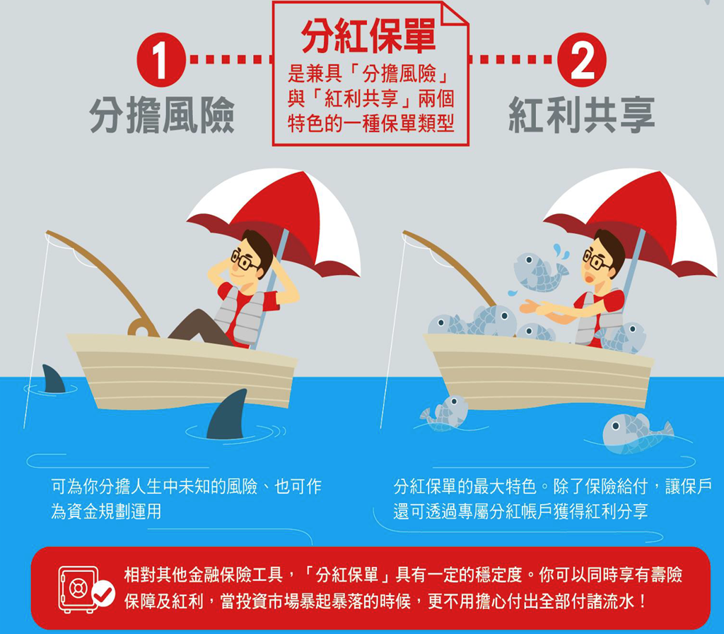 分紅保單示意（分擔風險、紅利共享）
